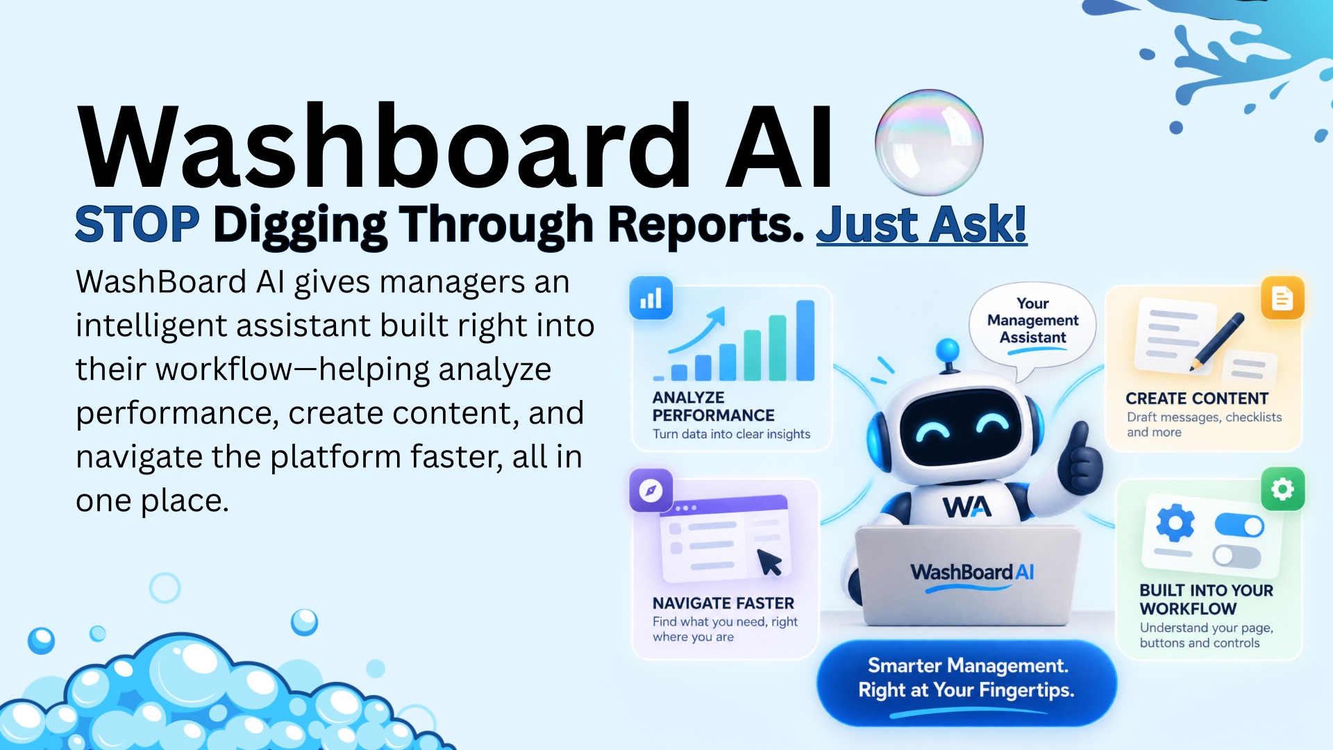 My WashBoard Ai overview showing AI-assisted performance analysis, content creation, faster navigation, and management workflow support