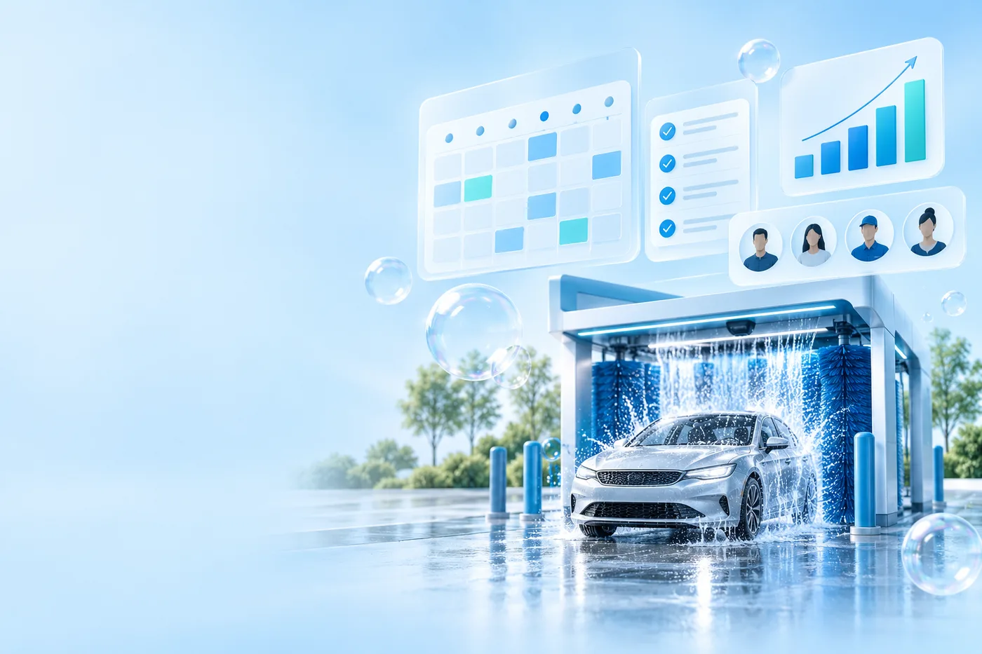 Illustration of a car wash connected to a team board, calendar, checklist, and performance chart